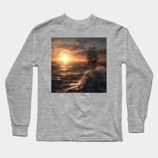 Beautiful sunset over the sea, an old ship sails Long Sleeve T-Shirt